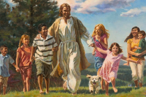 Jesús corriendo con niños